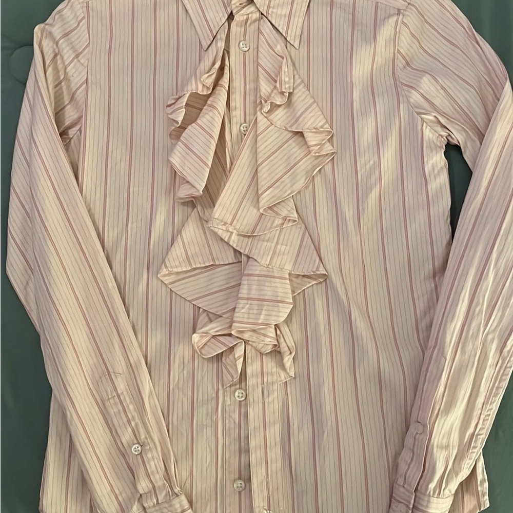 Ralph Lauren Women's Pink Striped Ruffle Shirt - Picture 2 of 5